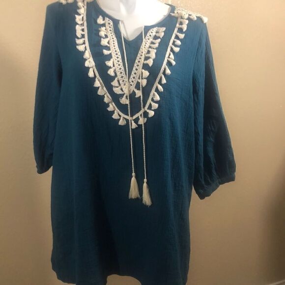Umgee teal tassels shift dress large - Picture 1 of 5